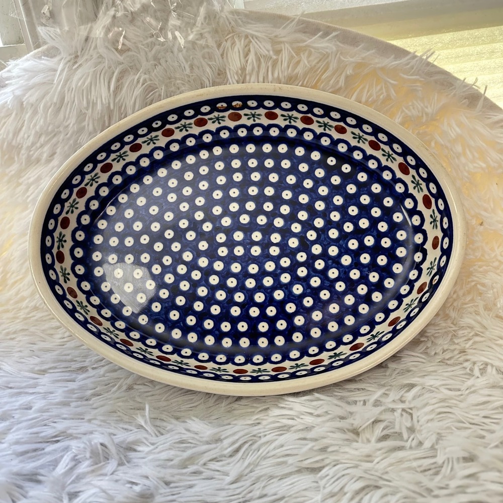 Polish Pottery Boleslawiec Blue Rose Pattern Oval Baking Dish 12" x 8" Vintage - Picture 2 of 8